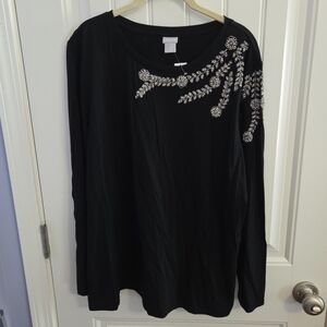 NWT Chico's Womens 3 XL 16 Black Rhinestone Beaded Pullover Jersey Knit Top
